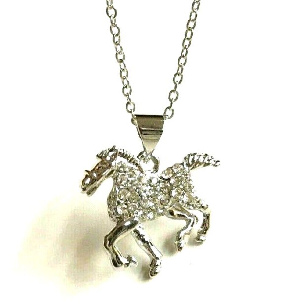 Silver Plated Mustang Horse Necklace 16-19" Crystal Country Western Cowgirl